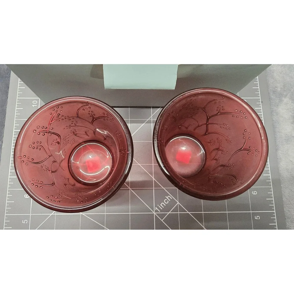 PartyLite Berry Sprig Votive Pair P8727 Frosted Burgundy Glass Candle Holders